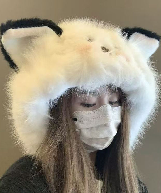 Cute White Lace Up Faux Fur Thick Warm Bucket Hat RB055 ABC