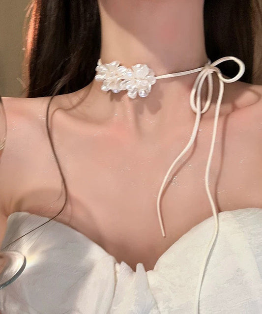 Cute White Leather Floral Bow Tie Lace Pendant Necklace YU003 ABC