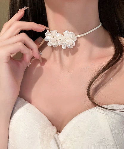 Cute White Leather Floral Bow Tie Lace Pendant Necklace YU003 ABC