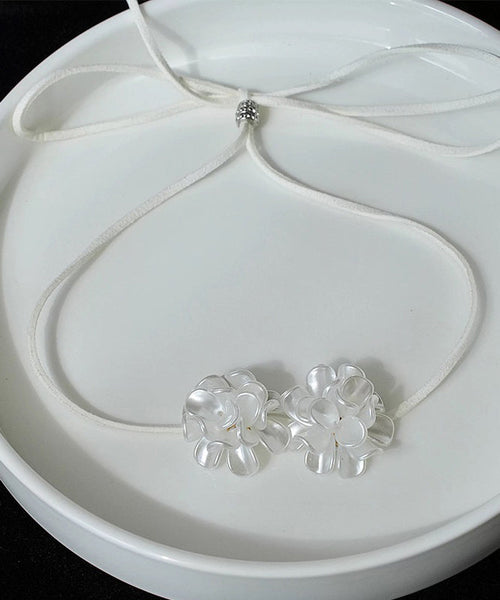 Cute White Leather Floral Bow Tie Lace Pendant Necklace YU003 ABC