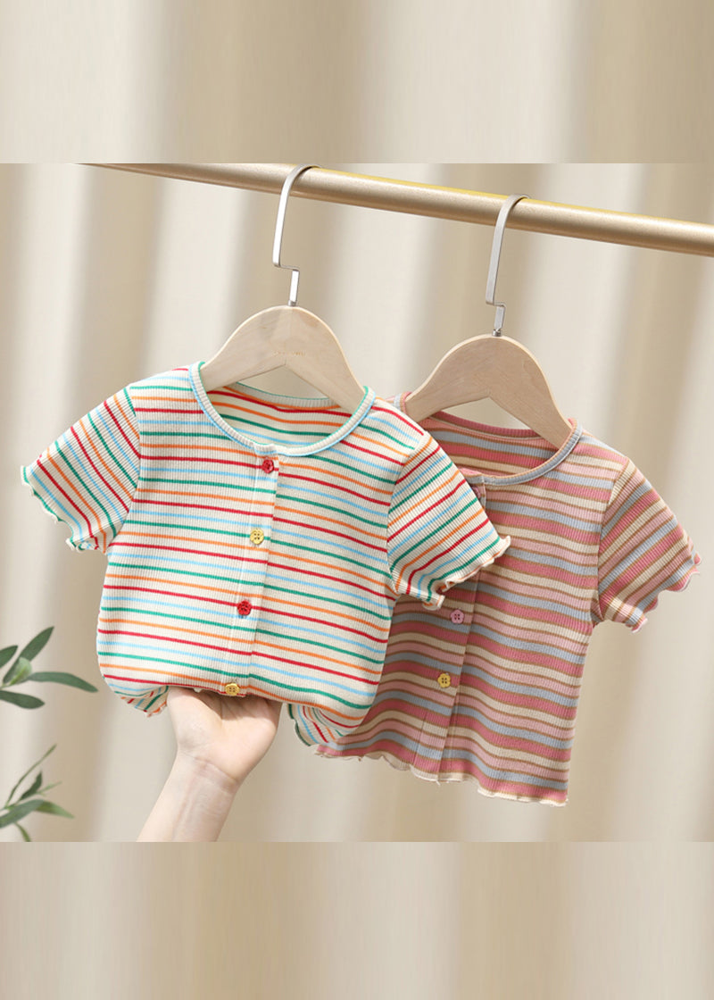 Cute White O-Neck Striped Knit Cotton Girls Top Summer YU1081 WS-RCTZ-STP240529