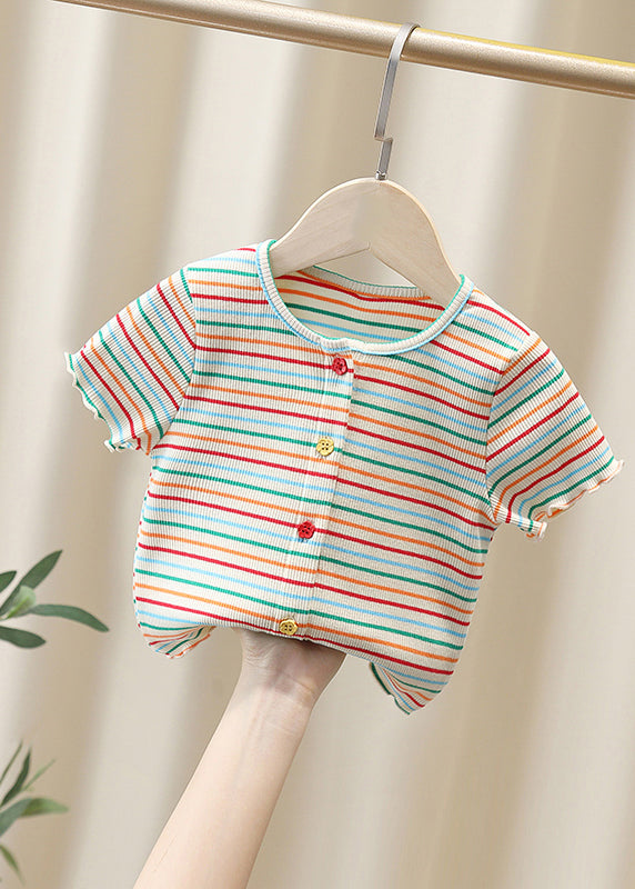 Cute White O-Neck Striped Knit Cotton Girls Top Summer YU1081 WS-RCTZ-STP240529