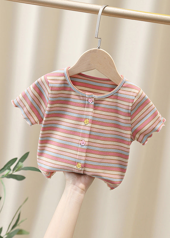 Cute White O-Neck Striped Knit Cotton Girls Top Summer YU1081 WS-RCTZ-STP240529