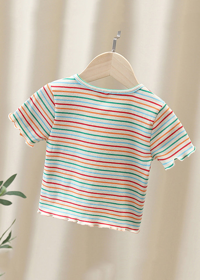 Cute White O-Neck Striped Knit Cotton Girls Top Summer YU1081 WS-RCTZ-STP240529