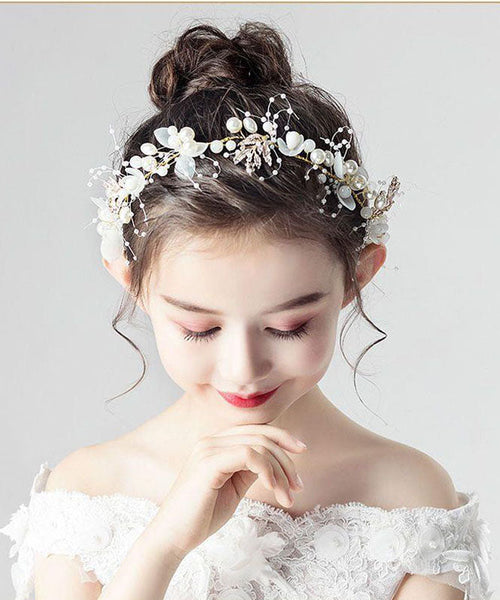 Cute White Tulle Pearl Floral Kids Crown IU042 TZ-FQ-HAI240802