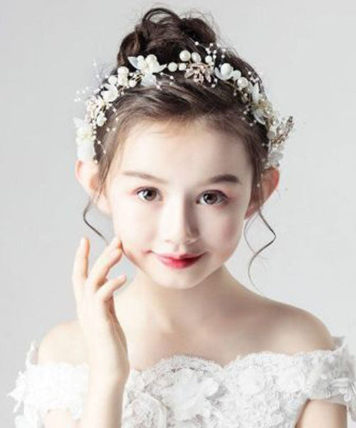 Cute White Tulle Pearl Floral Kids Crown IU042 TZ-FQ-HAI240802