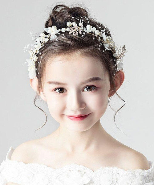 Cute White Tulle Pearl Floral Kids Crown IU042 TZ-FQ-HAI240802