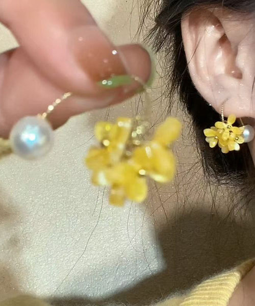 Hoop Earrings Floral Acrylic Pearl Cute Copper Yellow FashionChic