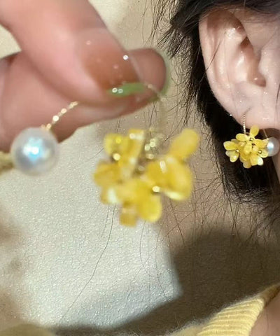Hoop Earrings Floral Acrylic Pearl Cute Copper Yellow FashionChic