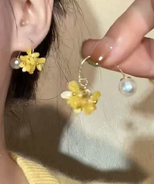 Hoop Earrings Floral Acrylic Pearl Cute Copper Yellow FashionChic