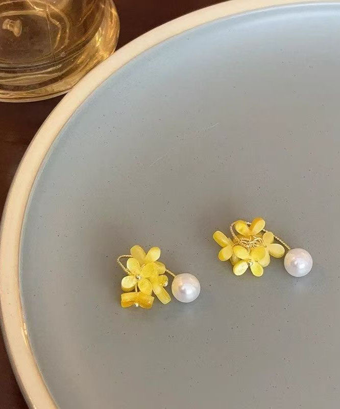 Hoop Earrings Floral Acrylic Pearl Cute Copper Yellow FashionChic