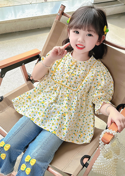 Cute Yellow O-Neck Print Cotton Girls Top Half Sleeve YU1043 WS-RCTZ-HTP240529