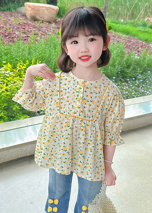 Cute Yellow O-Neck Print Cotton Girls Top Half Sleeve YU1043 WS-RCTZ-HTP240529