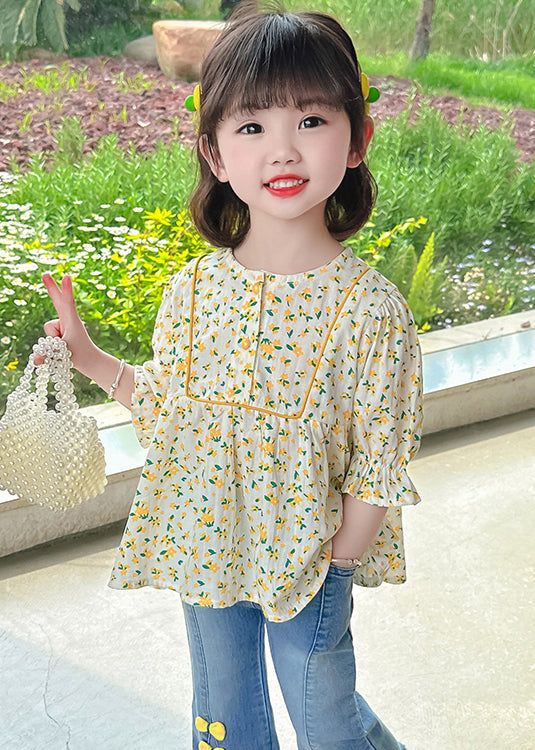 Cute Yellow O-Neck Print Cotton Girls Top Half Sleeve YU1043 WS-RCTZ-HTP240529