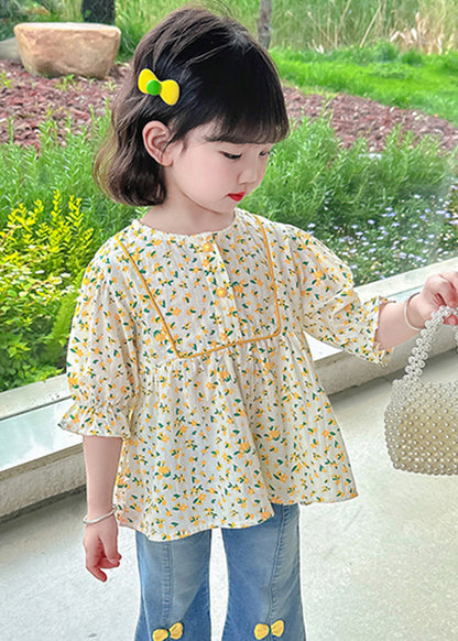 Cute Yellow O-Neck Print Cotton Girls Top Half Sleeve YU1043 WS-RCTZ-HTP240529