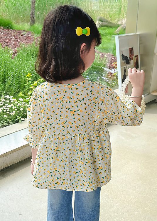 Cute Yellow O-Neck Print Cotton Girls Top Half Sleeve YU1043 WS-RCTZ-HTP240529