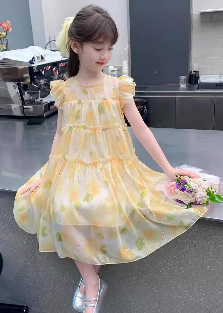 Cute Yellow O-Neck Ruffled Chiffon Girls Long Dress Summer TT021 MM-RCTZSDGL240816