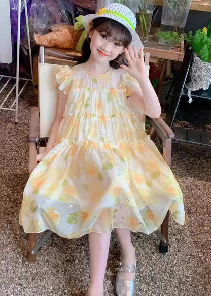 Cute Yellow O-Neck Ruffled Chiffon Girls Long Dress Summer TT021 MM-RCTZSDGL240816