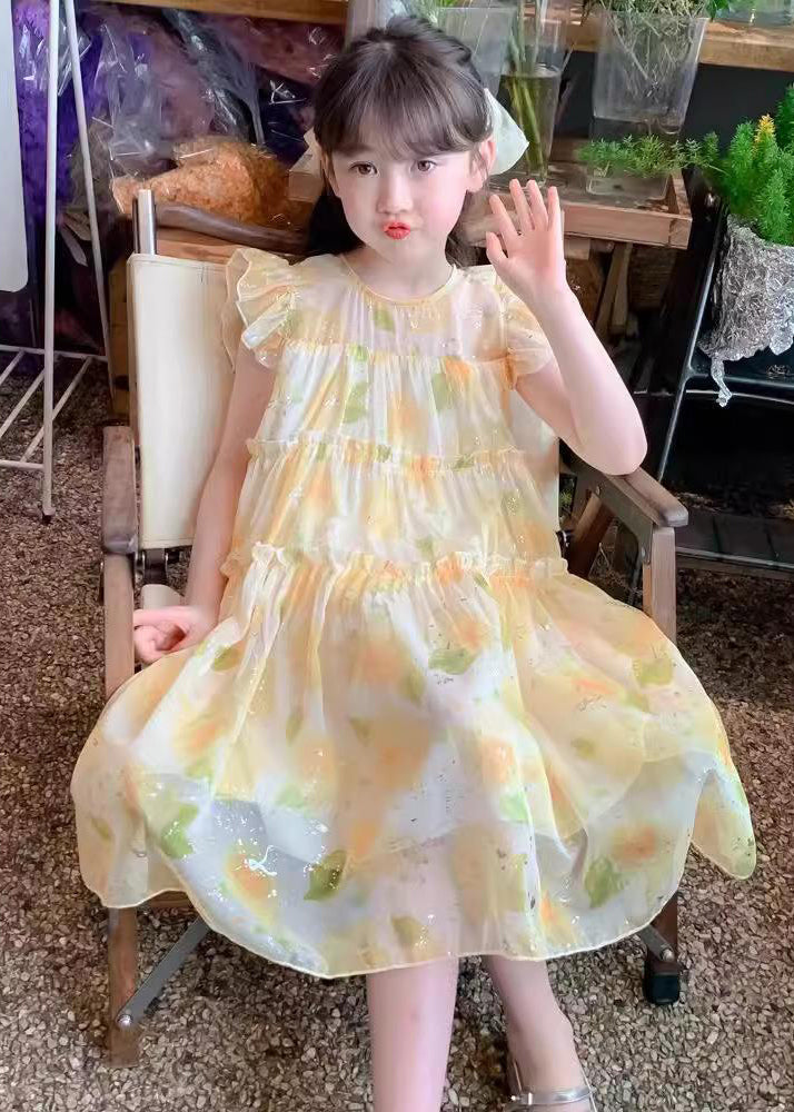 Cute Yellow O-Neck Ruffled Chiffon Girls Long Dress Summer TT021 MM-RCTZSDGL240816