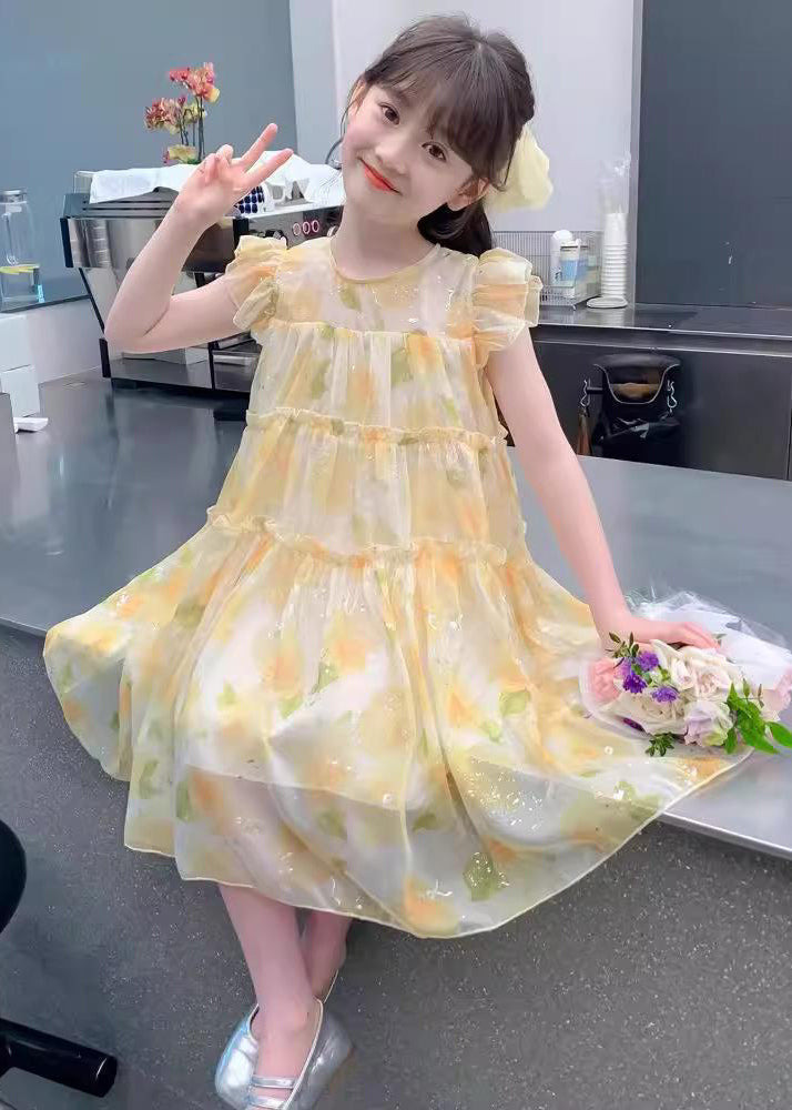 Cute Yellow O-Neck Ruffled Chiffon Girls Long Dress Summer TT021 MM-RCTZSDGL240816