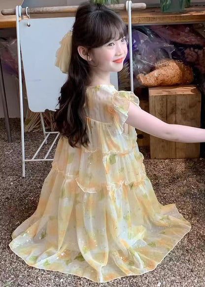Cute Yellow O-Neck Ruffled Chiffon Girls Long Dress Summer TT021 MM-RCTZSDGL240816