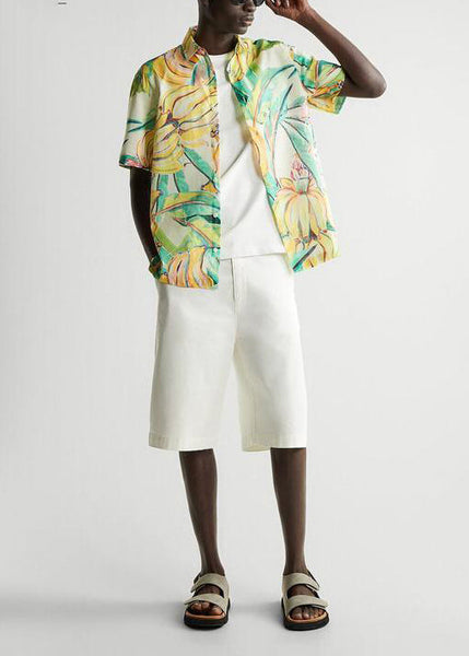 Cute Yellow Peter Pan Collar Print Men Shirts Short Sleeve HG026 Men-Silk-MENSTP240725