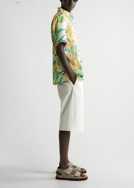 Cute Yellow Peter Pan Collar Print Men Shirts Short Sleeve HG026 Men-Silk-MENSTP240725