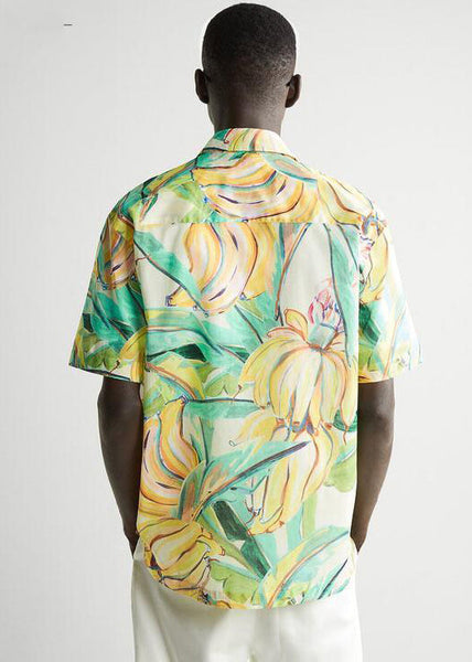 Cute Yellow Peter Pan Collar Print Men Shirts Short Sleeve HG026 Men-Silk-MENSTP240725