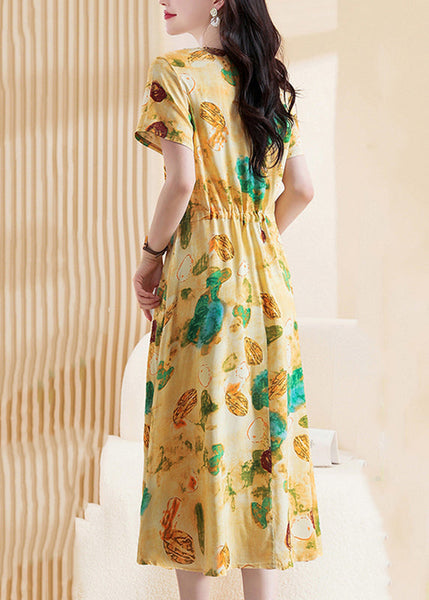 Cute Yellow Print Tie Waist Maxi Dresses Short Sleeve VB1019 Ada Fashion