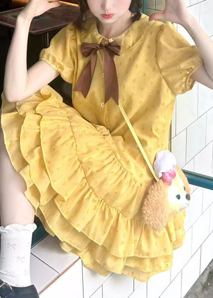 Patchwork Ruffled Mid Cotton Dresses Yellow Cute Summer FashionChic