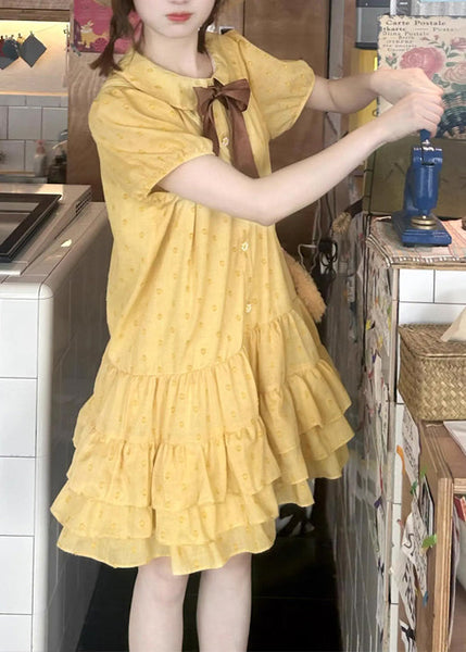 Patchwork Ruffled Mid Cotton Dresses Yellow Cute Summer FashionChic