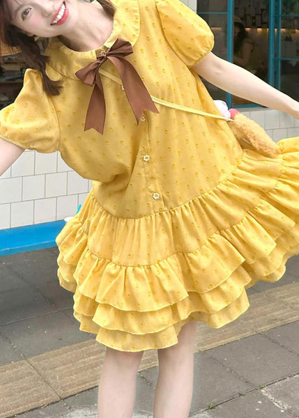 Patchwork Ruffled Mid Cotton Dresses Yellow Cute Summer FashionChic