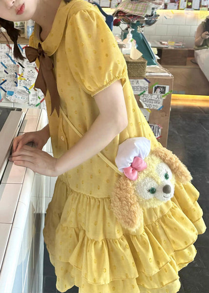 Patchwork Ruffled Mid Cotton Dresses Yellow Cute Summer FashionChic