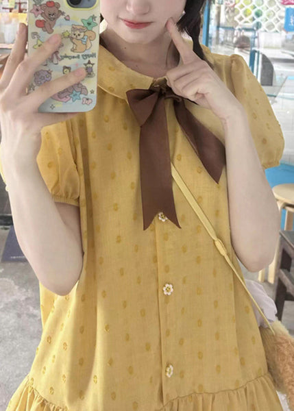 Patchwork Ruffled Mid Cotton Dresses Yellow Cute Summer FashionChic