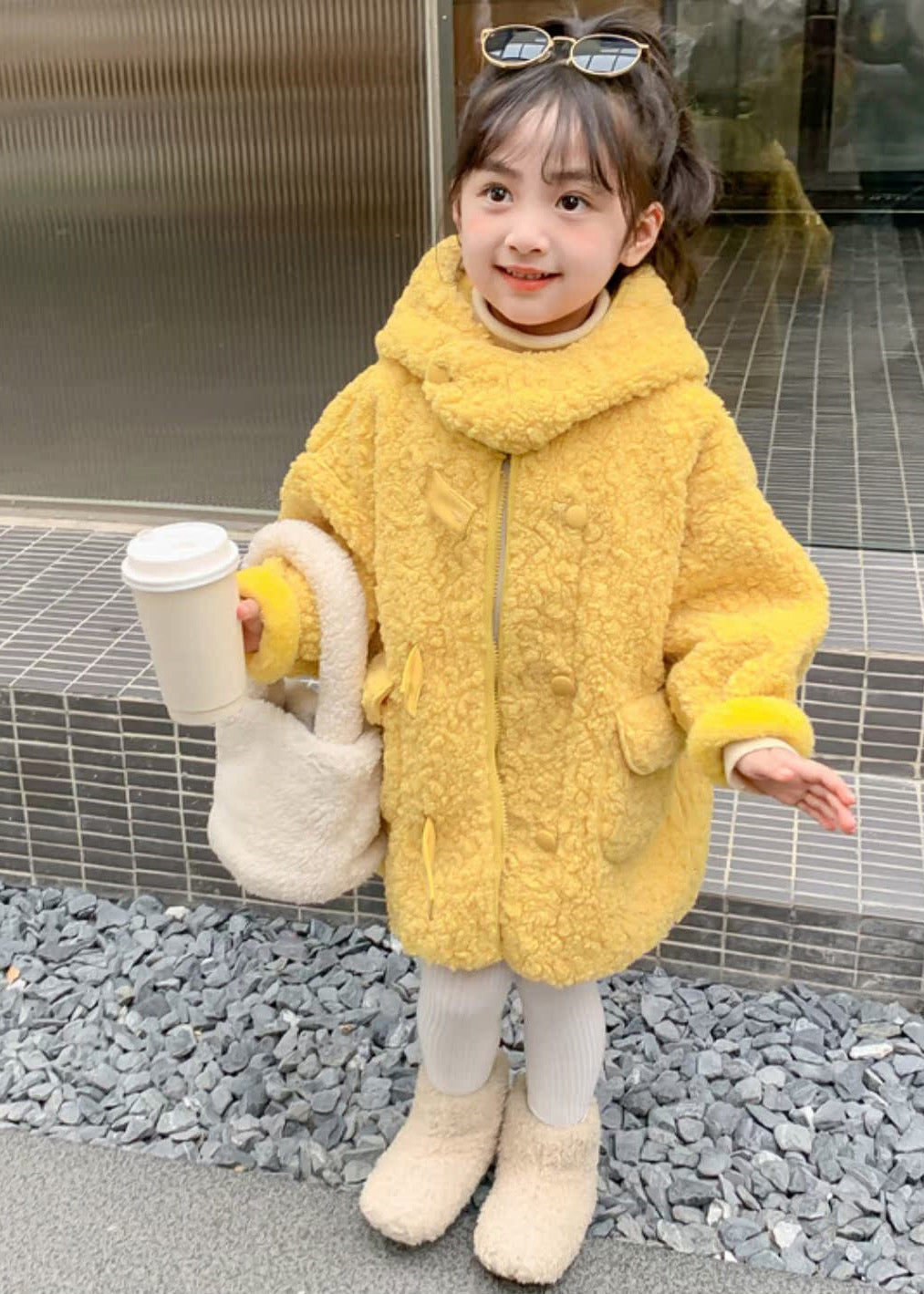 Cute Yellow Zippered Patchwork Kids Faux Fur Long Coat Winter WL029 MM-RCTZ-CGTS241120