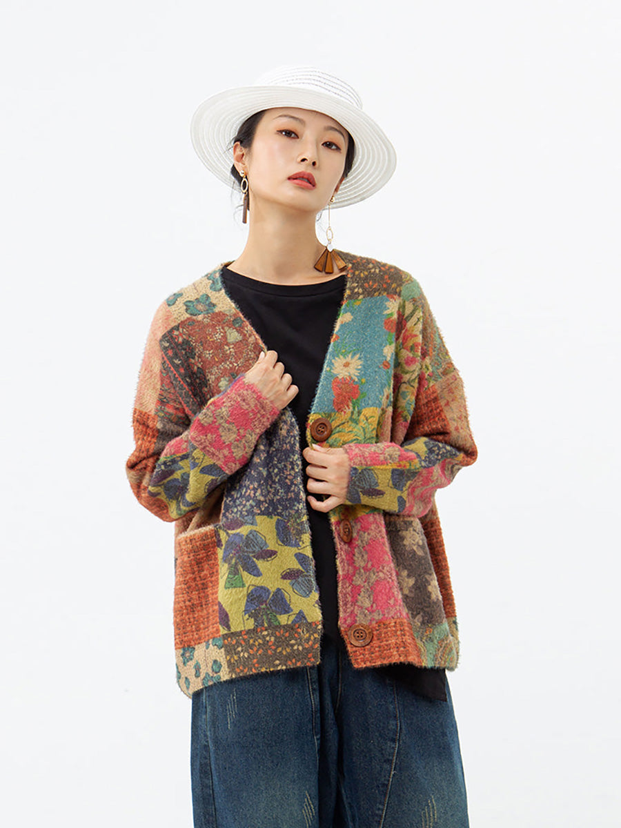 Plus Size Autumn Colorful Flower Knitted Floral Sweater Coat AS1048 BUYKUD