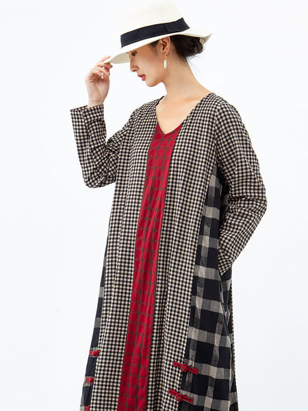 Plus Size Different Colored Plaid Retro Cotton Linen Dress AA1054 Ada Fashion