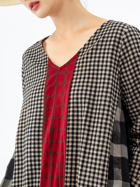 Plus Size Different Colored Plaid Retro Cotton Linen Dress AA1054 Ada Fashion