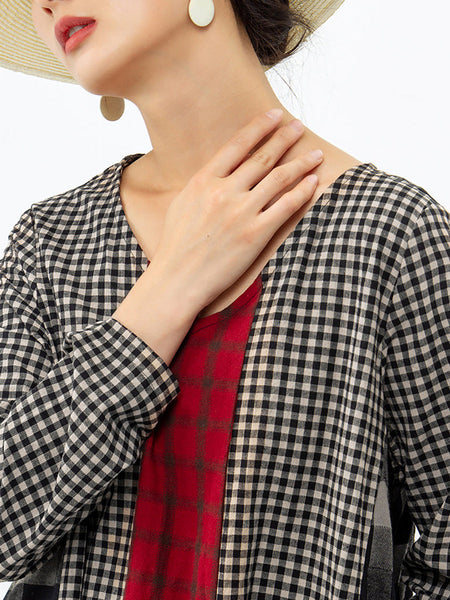 Plus Size Different Colored Plaid Retro Cotton Linen Dress AA1054 Ada Fashion