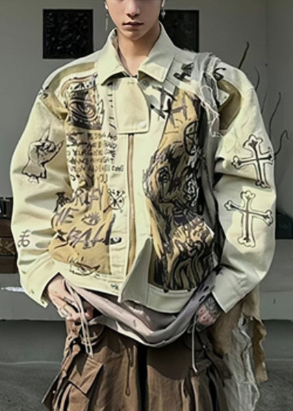 Fall Patchwork Cotton Coats Print Mens Men Apricot DIY FashionChic