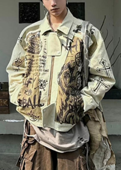 Fall Patchwork Cotton Coats Print Mens Men Apricot DIY FashionChic