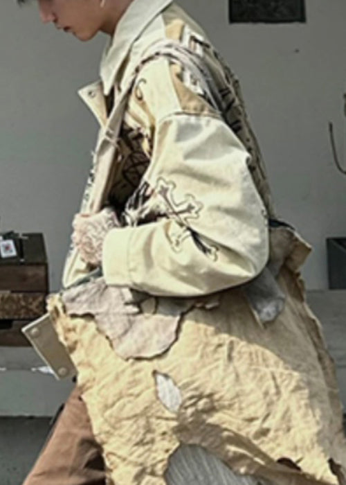 Fall Patchwork Cotton Coats Print Mens Men Apricot DIY FashionChic