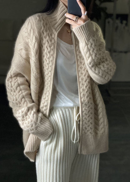 DIY Beige Zip Up Casual Woolen Knitted Tops Coat OO016 OM-CS240816