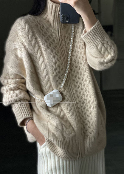 DIY Beige Zip Up Casual Woolen Knitted Tops Coat OO016 OM-CS240816