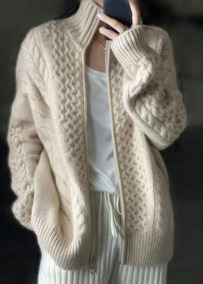 DIY Beige Zip Up Casual Woolen Knitted Tops Coat OO016 OM-CS240816