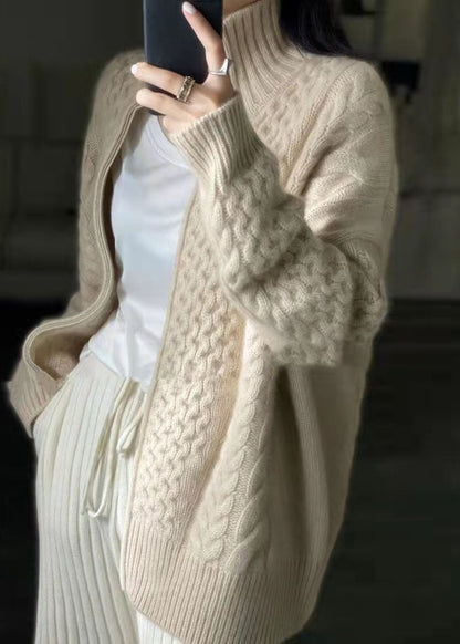 DIY Beige Zip Up Casual Woolen Knitted Tops Coat OO016 OM-CS240816