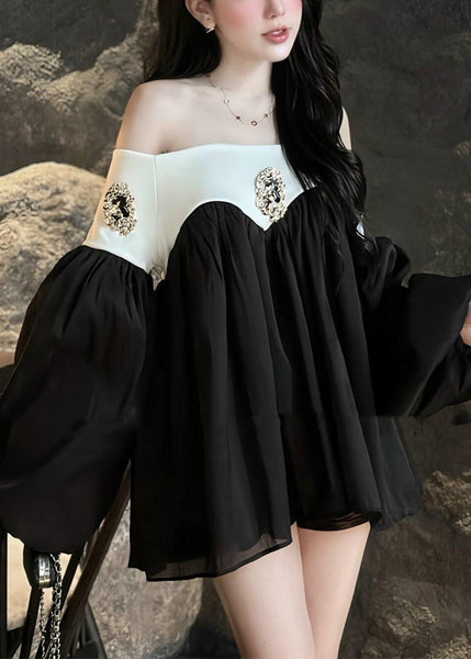 DIY Black Cold Shoulder Patchwork Cotton Blouse Top Spring YF025 ABC