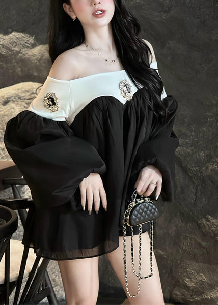 DIY Black Cold Shoulder Patchwork Cotton Blouse Top Spring YF025 ABC