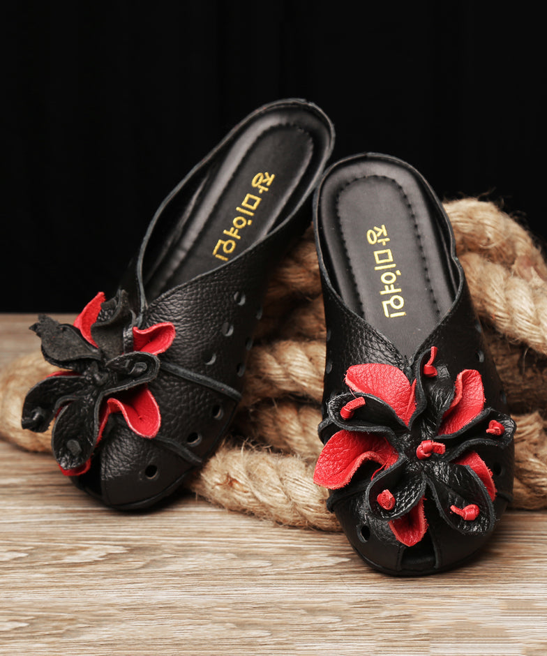 DIY Black Cowhide Leather Splicing Slide Sandals DF1004 Ada Fashion