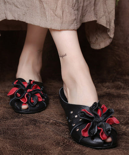 DIY Black Cowhide Leather Splicing Slide Sandals DF1004 Ada Fashion